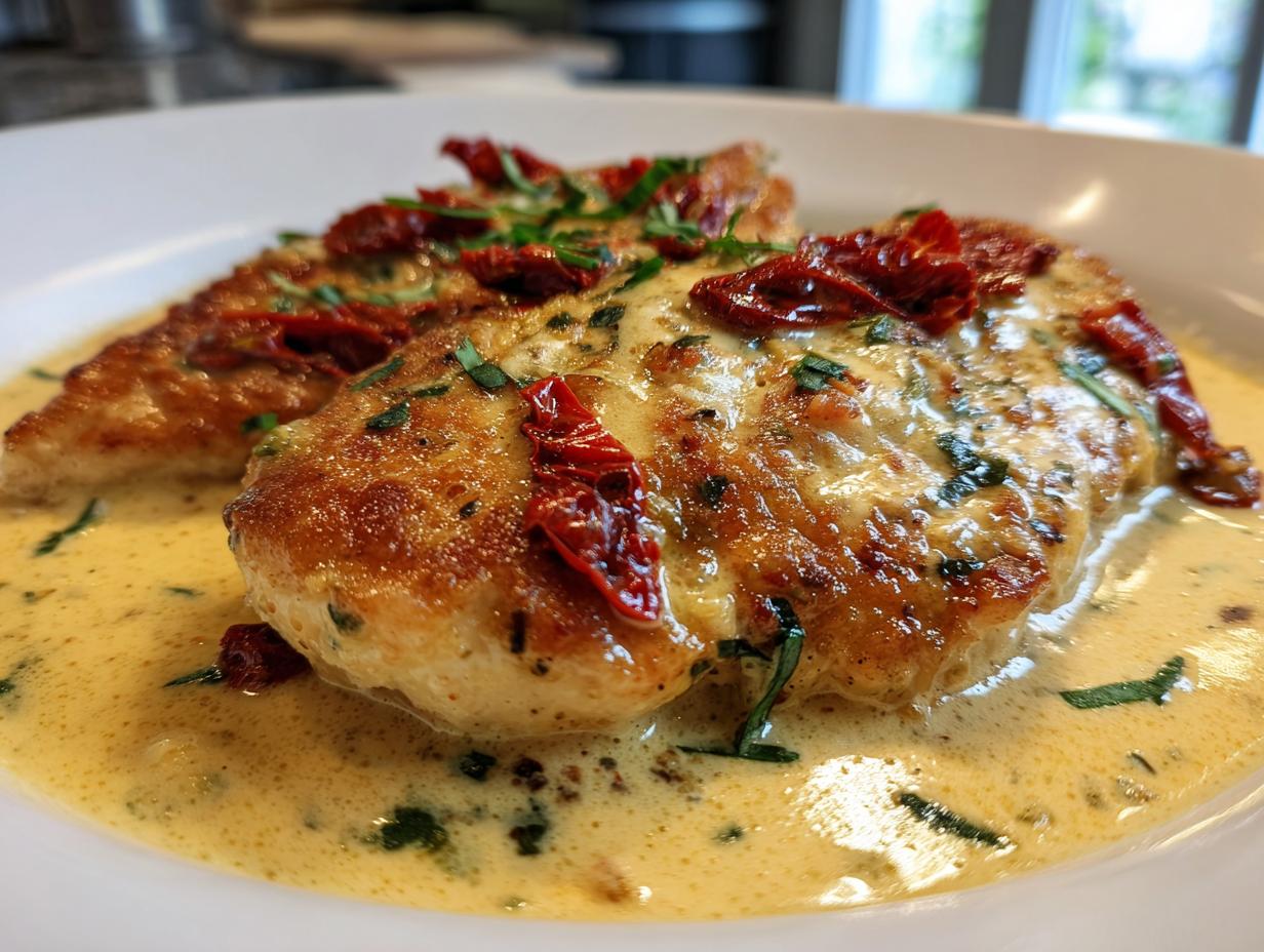 Two golden-brown chicken breasts smothered in creamy sauce, topped with sun-dried tomatoes and herbs, ready to serve as Marry Me Chicken.