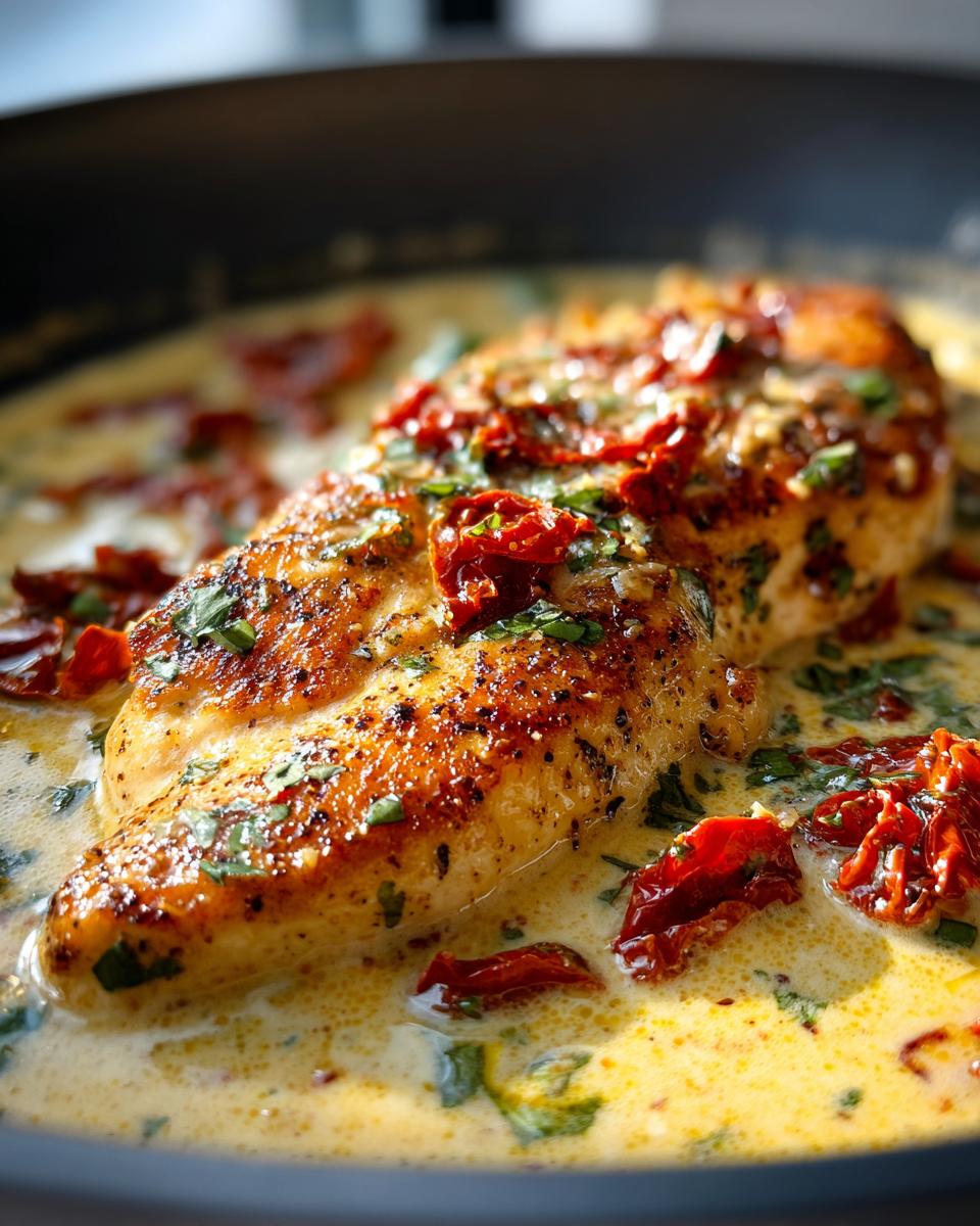 Close-up of a golden-brown chicken breast submerged in creamy sauce with sun-dried tomatoes, part of the Marry Me Chicken recipe.