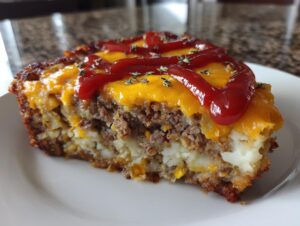A thick slice of meatloaf casserole topped with melted cheddar cheese, ketchup drizzle, and thyme.
