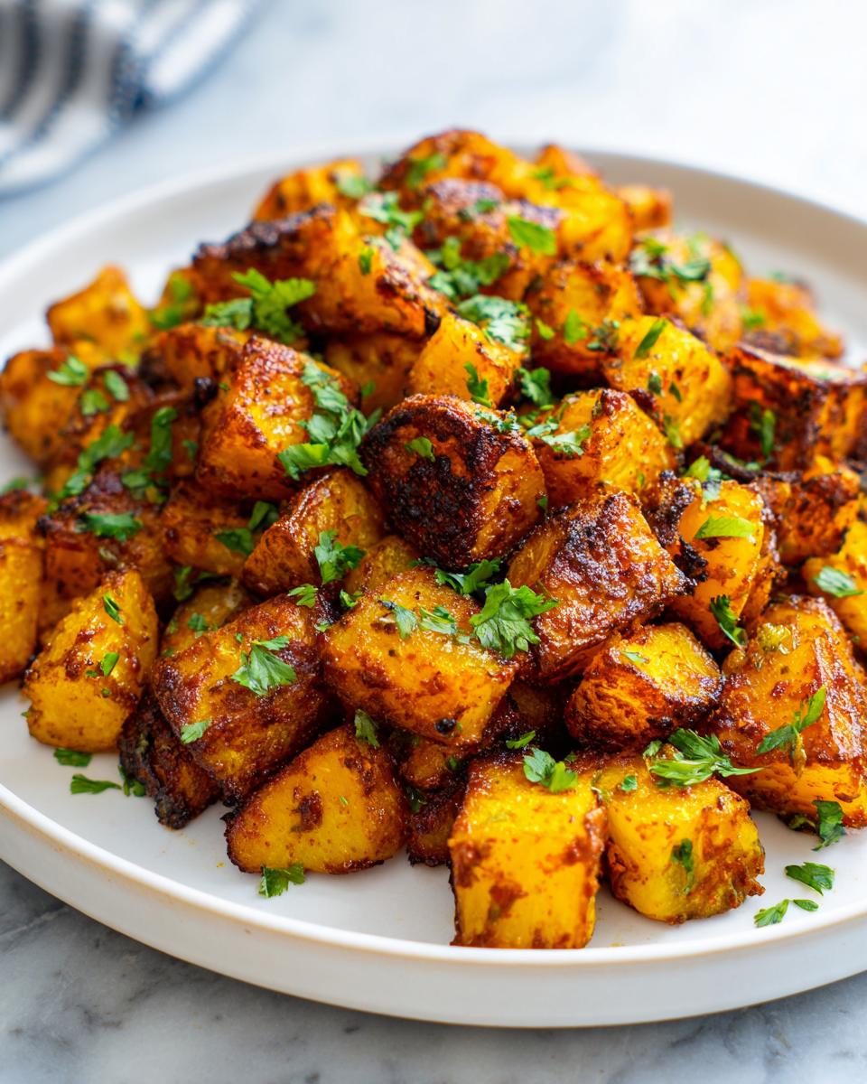 A close-up of crispy, seasoned Mexican potatoes piled high on a white plate and garnished with fresh parsley.