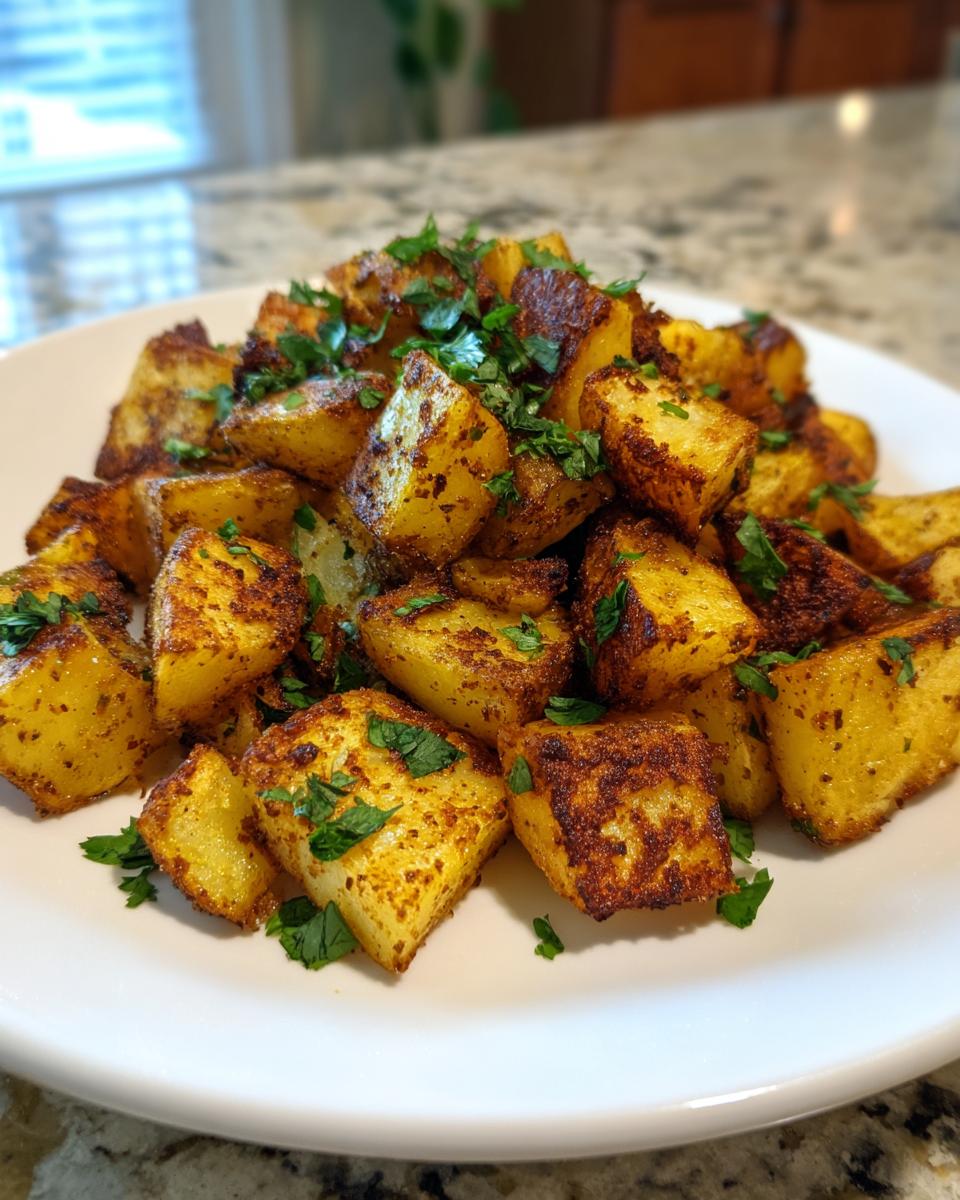 A close-up of seasoned, roasted Mexican potatoes, cubed and garnished with fresh chopped cilantro or parsley.