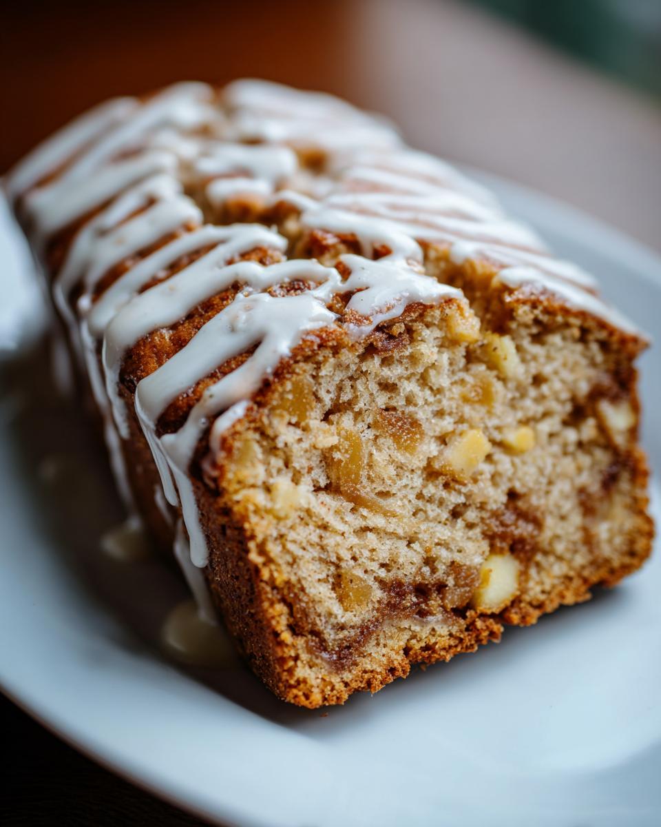 Close-up of a moist apple bread loaf drizzled with white vanilla glaze, showing chunks of apple inside.