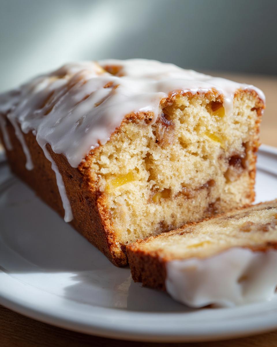 A close-up of a moist apple bread loaf, sliced, topped with a thick white glaze.