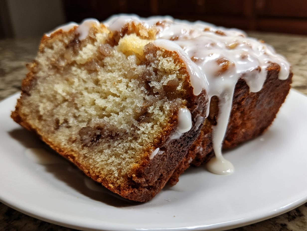 Close-up of a thick slice of moist apple bread with cinnamon swirls and a generous white glaze dripping down the side.