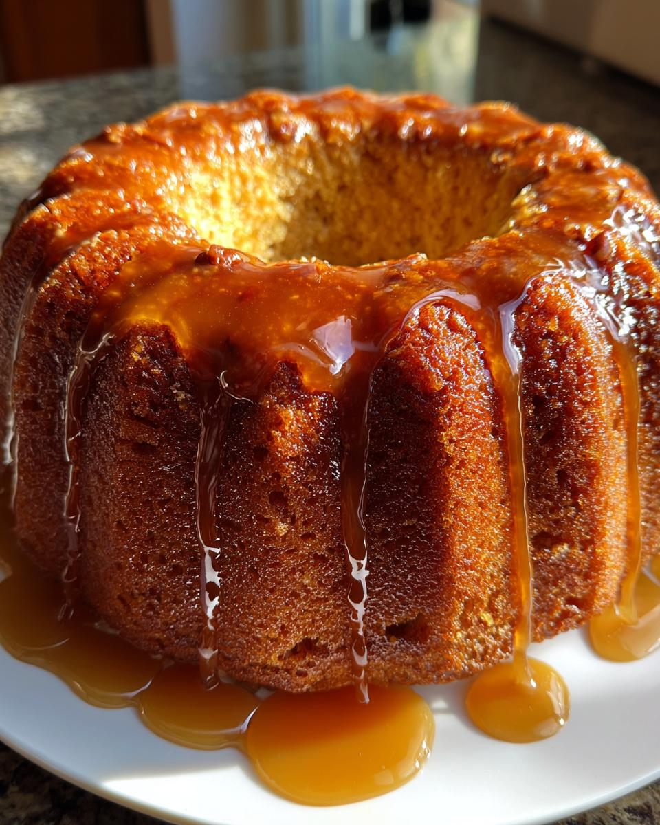 A golden brown Bacardi rum cake in a bundt shape, generously covered in a rich, dripping caramel glaze.