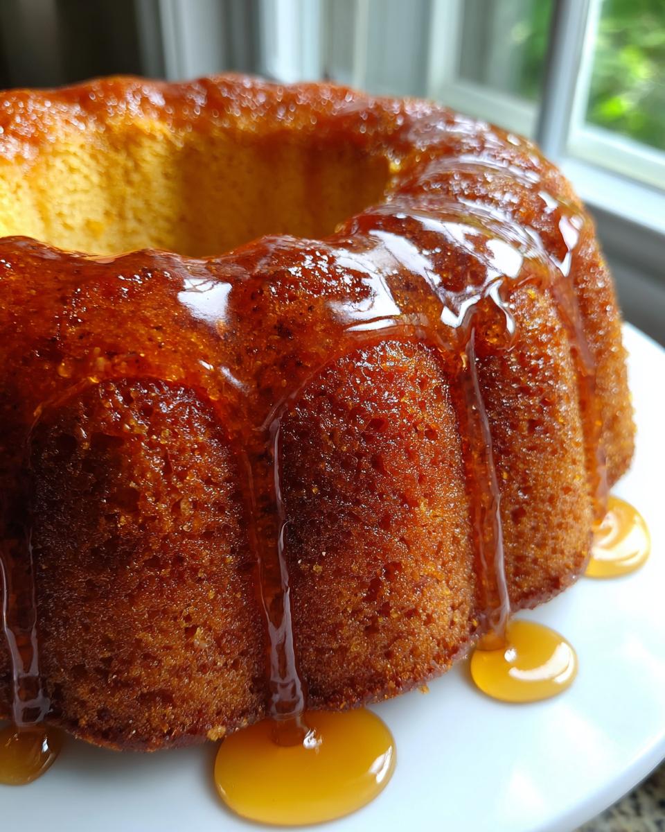 Close-up of a freshly baked Bacardi rum cake with a rich, amber glaze dripping down the sides onto a white plate.