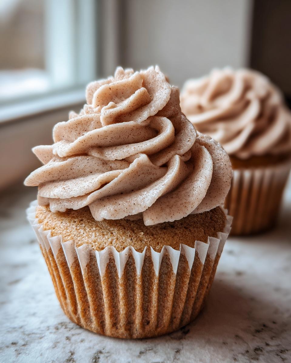 Close-up of a moist banana cupcake topped with a tall swirl of speckled, light brown frosting.