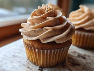 Close-up of a moist banana cupcake topped with a generous swirl of cinnamon-flecked frosting.