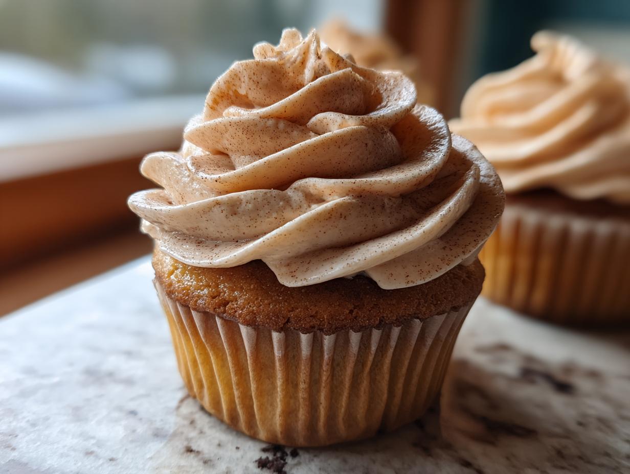 Close-up of a moist banana cupcake topped with a generous swirl of cinnamon-flecked frosting.