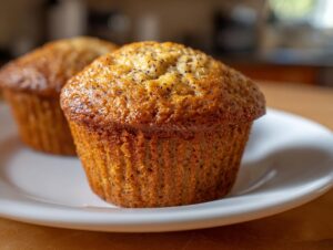 Close-up of two golden brown bran muffins sitting on a white plate, one in sharp focus.