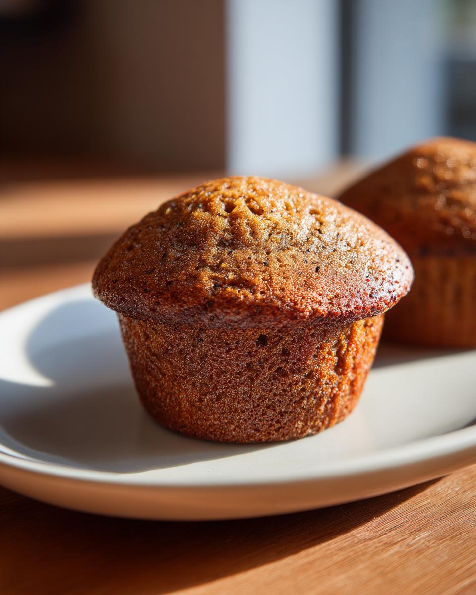 Close-up of a perfectly baked, moist bran muffin sitting on a light-colored plate.