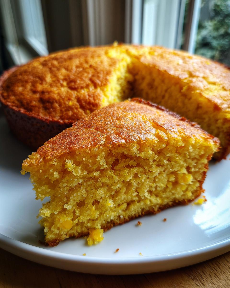 A close-up of a thick, golden slice of moist buttermilk cornbread resting on a white plate next to the rest of the round loaf.