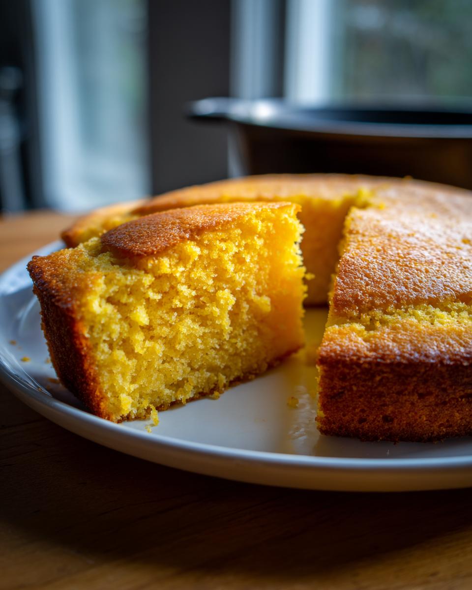 A close-up of a thick, moist slice of bright yellow buttermilk cornbread cut from the whole loaf.