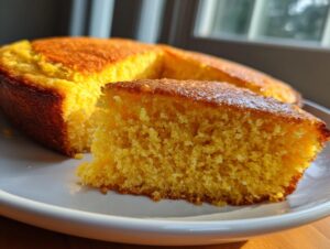 Close-up of a moist, golden slice of buttermilk cornbread served on a white plate.