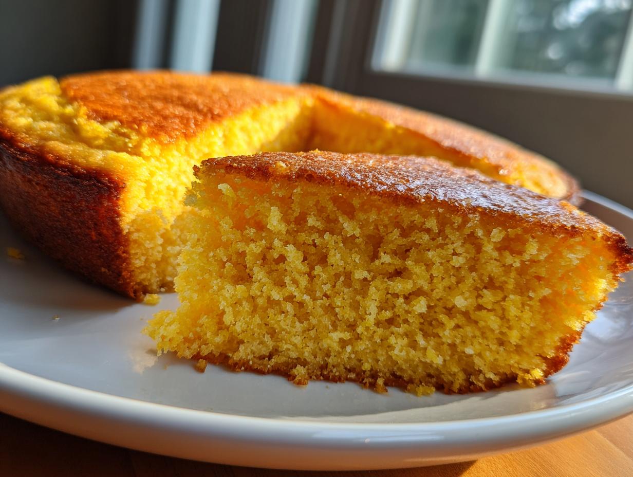 Close-up of a moist, golden slice of buttermilk cornbread served on a white plate.