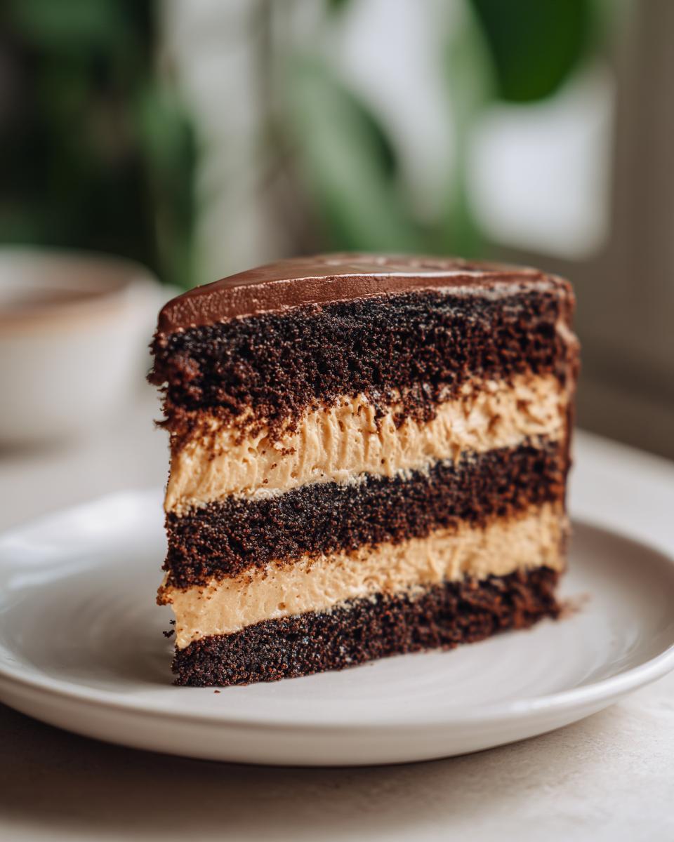Close-up of a tall slice of chocolate peanut butter cake with three dark chocolate layers and two creamy peanut butter filling layers.