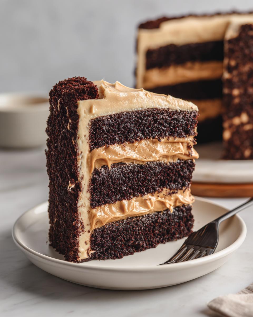 A tall slice of moist chocolate peanut butter cake featuring three dark chocolate layers and thick peanut butter frosting.