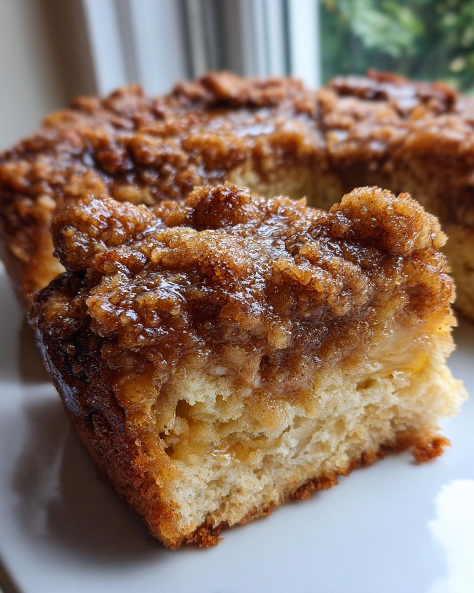 A close-up, mouth-watering slice of french toast casserole with a thick, gooey brown sugar cinnamon topping.