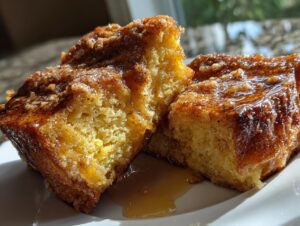 Close-up of two moist slices of baked french toast casserole, drizzled heavily with syrup and cinnamon sugar topping.