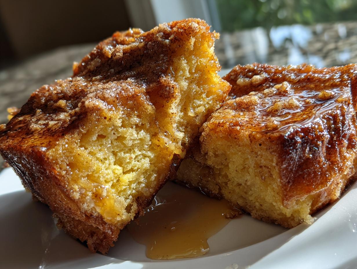 Close-up of two moist slices of baked french toast casserole, drizzled heavily with syrup and cinnamon sugar topping.