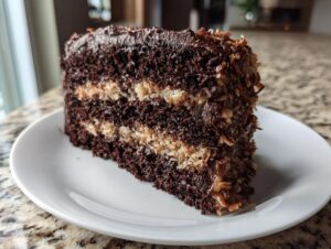A thick slice of moist german chocolate cake with coconut pecan frosting layers on a white plate.