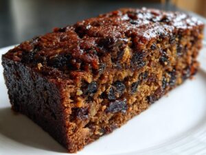 Close-up of a dense, dark, and moist slice of fruit cake loaded with dried fruits and nuts.