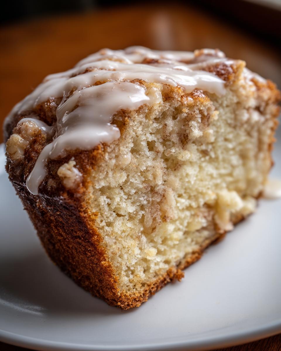Close-up of a moist slice of apple bread topped with sweet vanilla glaze on a white plate.