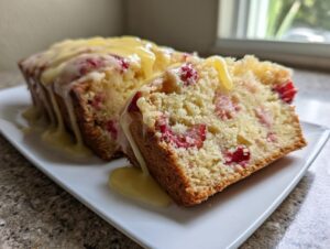 Close-up of moist strawberry bread sliced, topped generously with a thick, dripping lemon glaze.