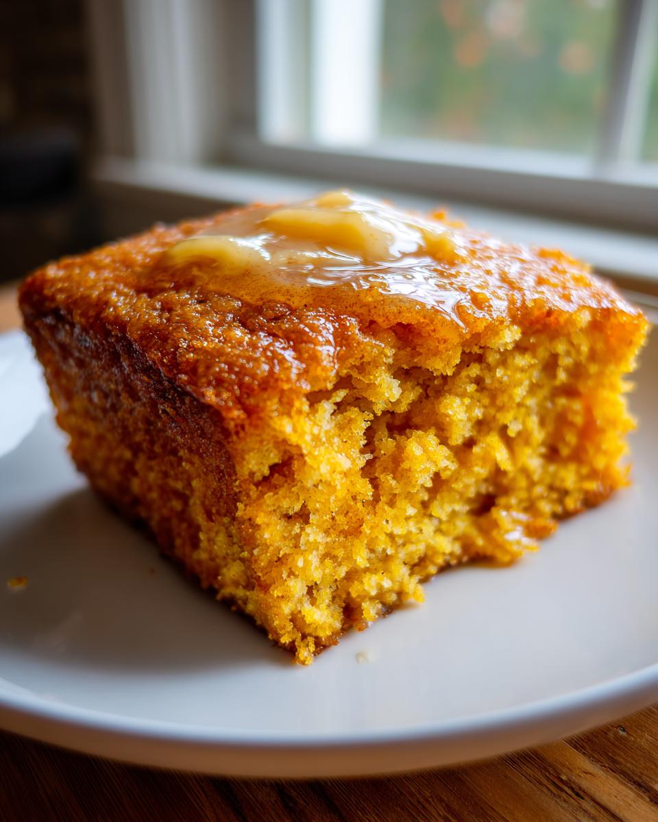 A close-up of a square slice of moist, orange sweet potato cornbread topped with melting butter.