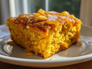A close-up of a vibrant orange slice of sweet potato cornbread topped with a glistening, chunky glaze.