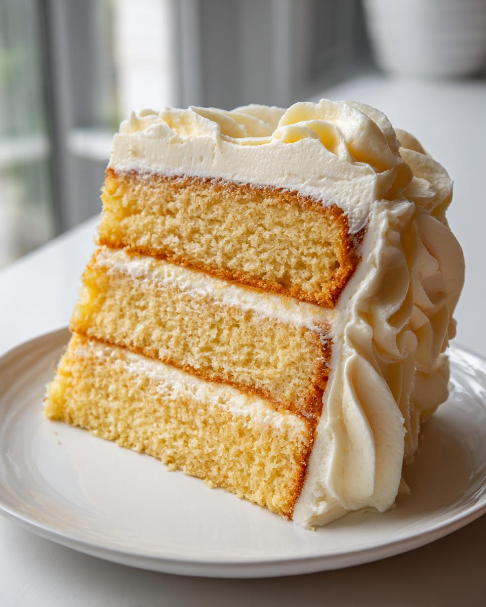 A tall slice of three-layer vanilla cake recipe filled and frosted with white buttercream.