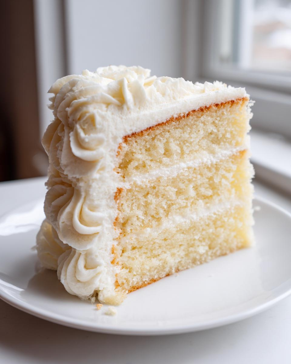 A tall slice of moist vanilla cake recipe with three layers and thick white buttercream frosting swirls.