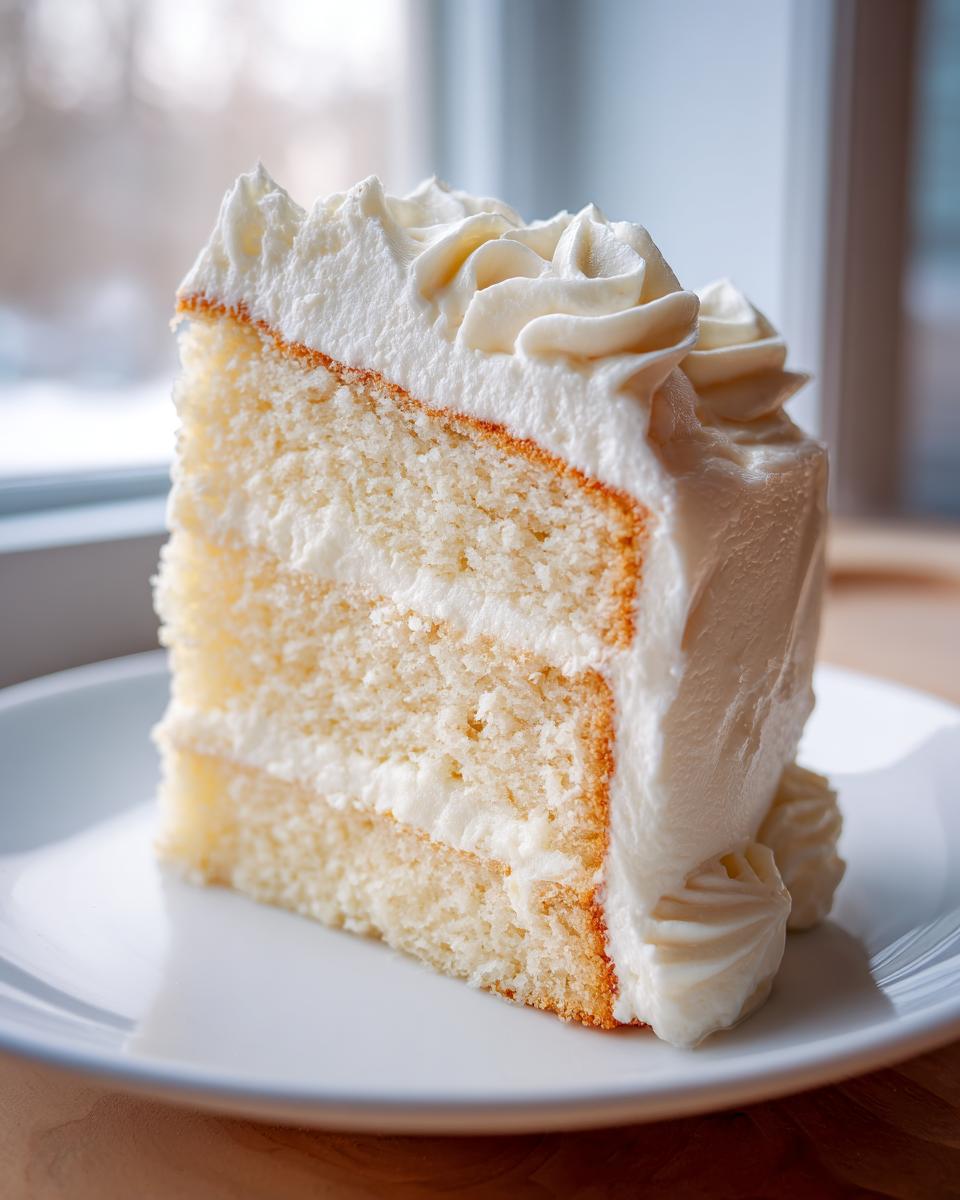 Close-up of a tall slice of moist vanilla cake recipe with three layers and thick white buttercream frosting.