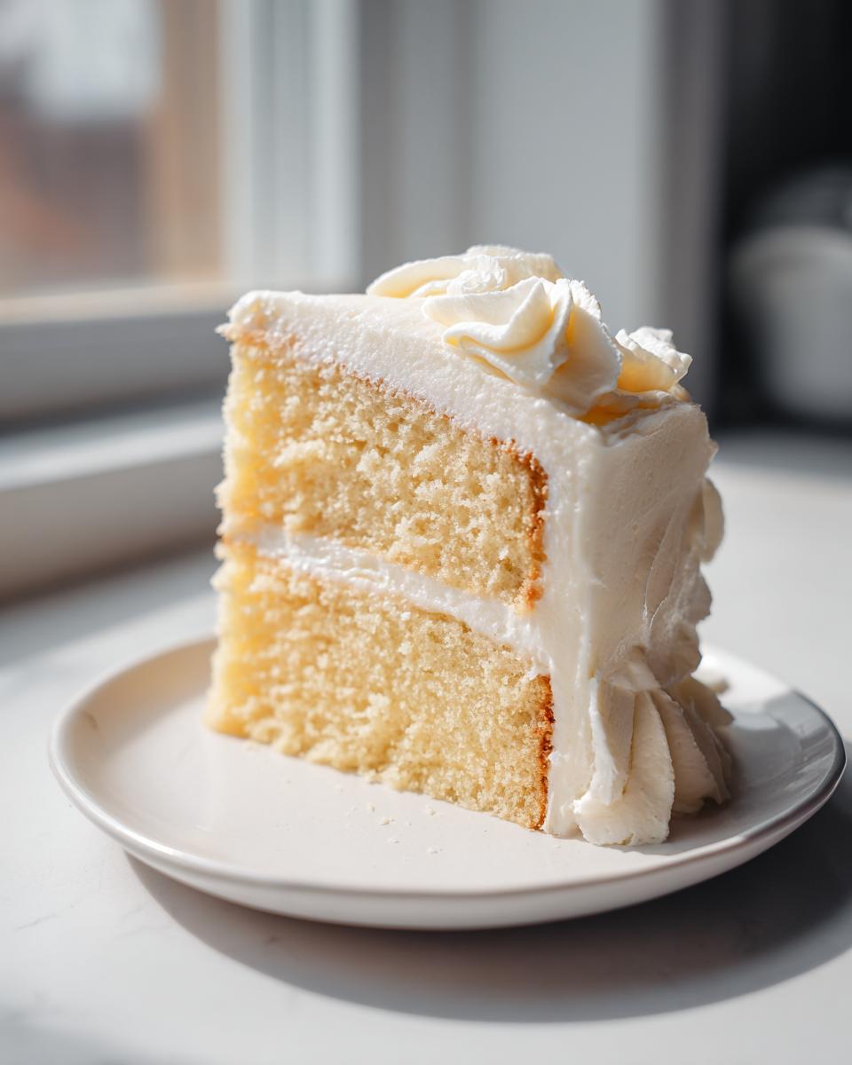 A perfect slice of moist vanilla cake recipe, layered with white frosting and piped decorations.