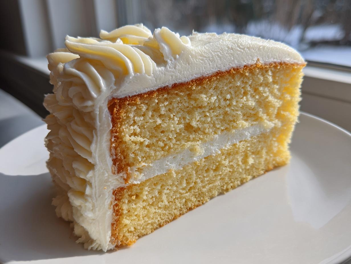 Close-up of a moist slice of vanilla cake recipe layered with white frosting, sitting on a white plate.