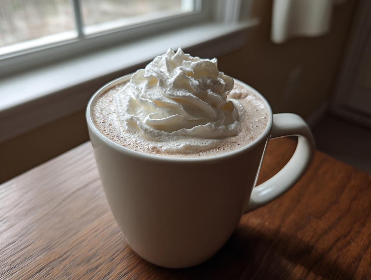 A close-up of a white mug filled with rich white hot chocolate topped with a swirl of whipped cream.