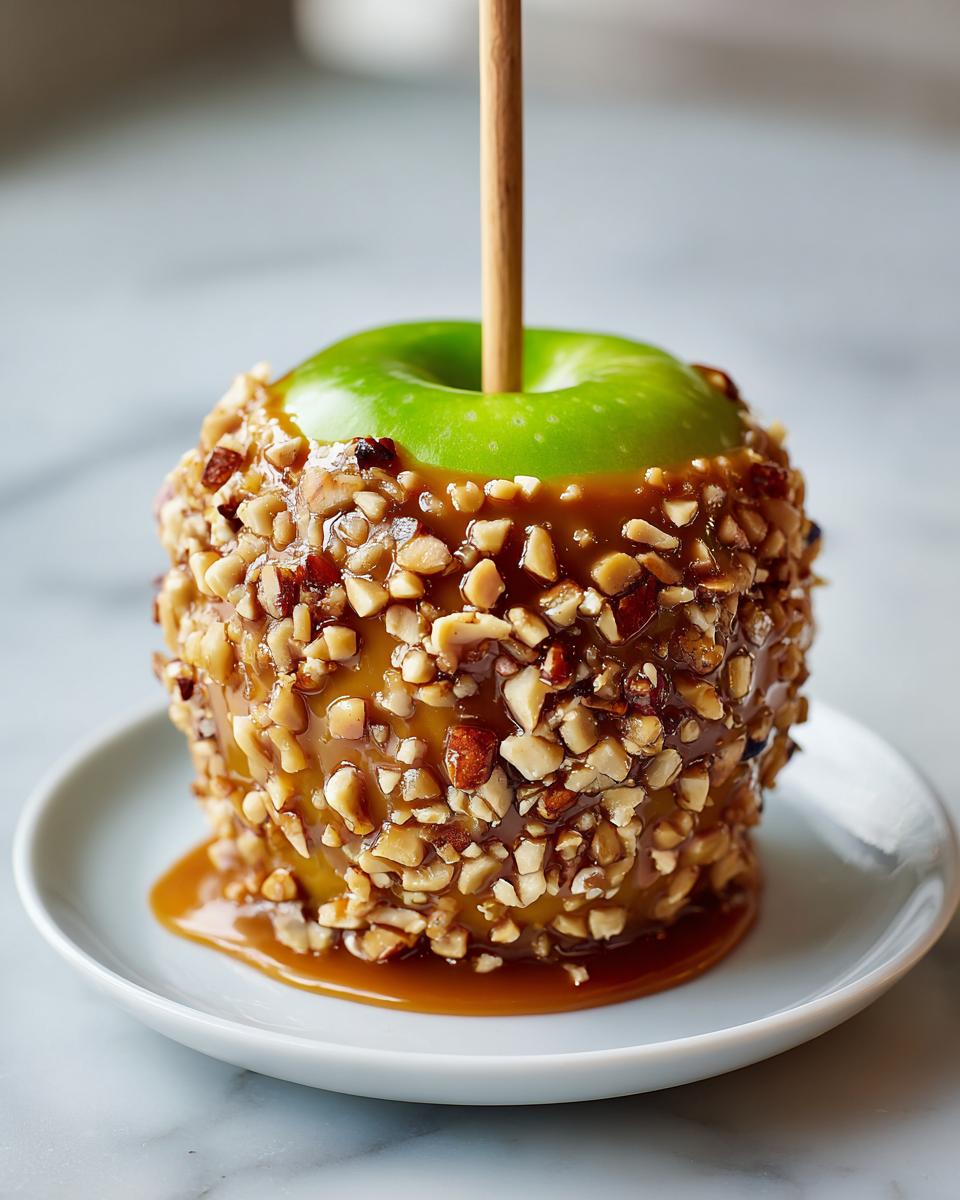A vibrant green apple coated in thick caramel and chopped nuts, served as a caramel apple on a white plate.