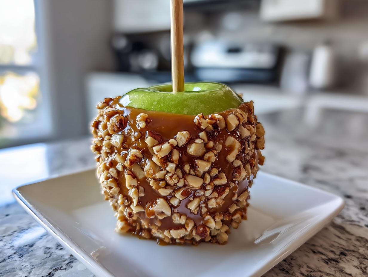 A close-up of a bright green Granny Smith apple dipped in thick caramel and covered in chopped nuts, served on a white plate. This is a perfect caramel apple.