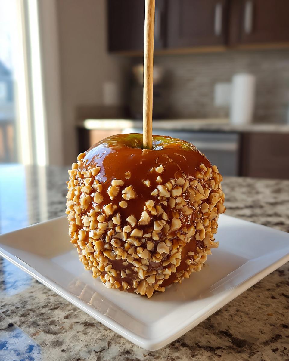 A glossy, perfectly coated caramel apple covered in chopped nuts, served on a white square plate.