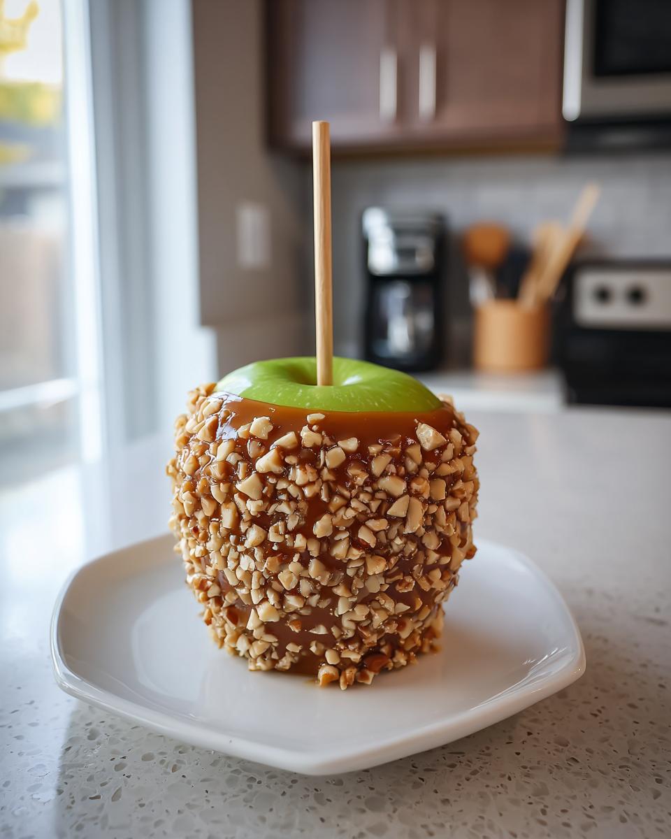 A perfectly coated caramel apple, dipped in nuts, sitting on a white plate in a bright kitchen setting.