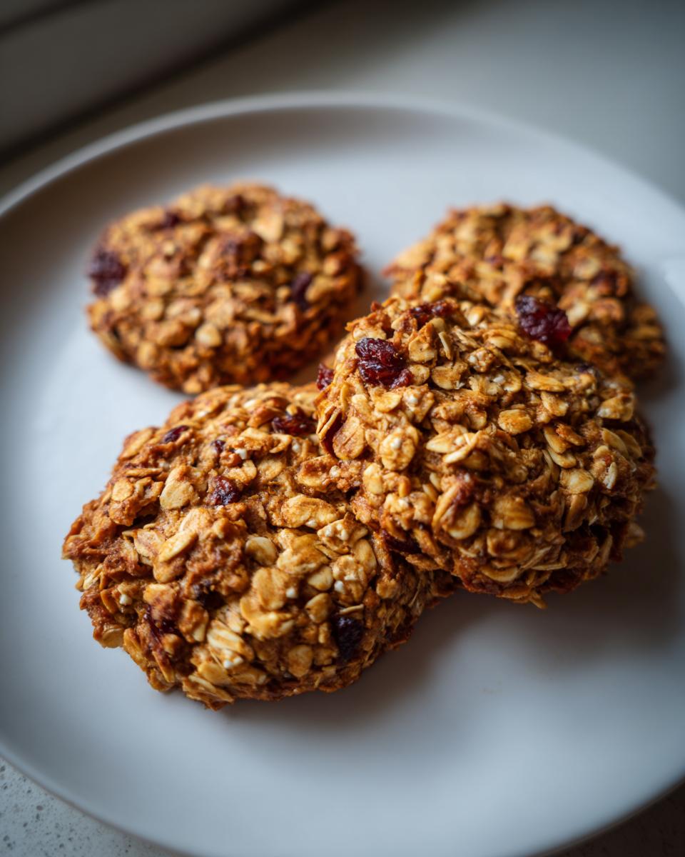 Three textured oatmeal breakfast cookie treats with dried cranberries piled on a light gray plate.