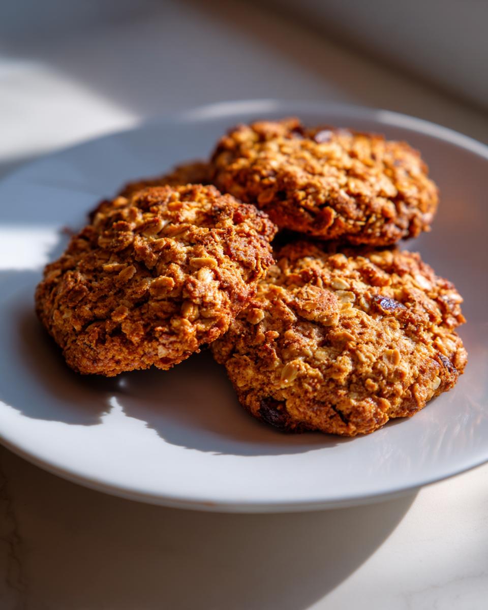 Three textured, golden-brown oatmeal breakfast cookie stacked slightly on a white plate, illuminated by strong sunlight.