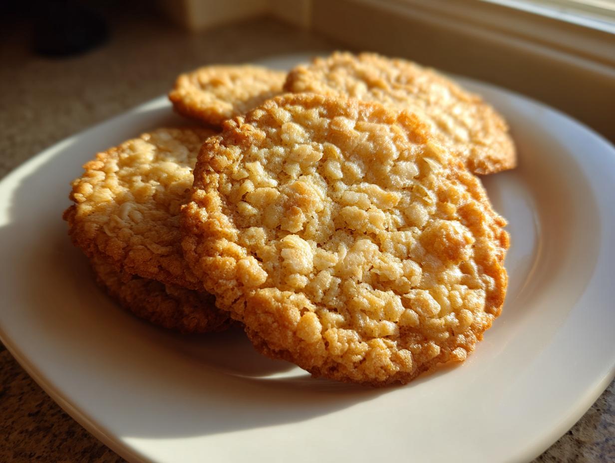 Close-up of several golden brown oatmeal lace cookies stacked slightly on a white plate, illuminated by sunlight.