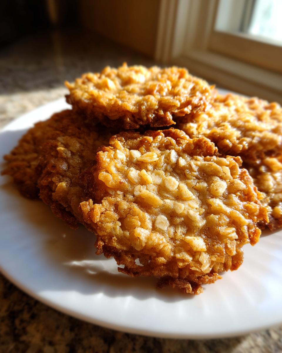 Close-up of several golden brown oatmeal lace cookies stacked on a white plate, showing the texture of the rolled oats.