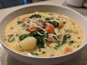 Close-up of a bowl of rich, creamy Olive Garden Chicken Gnocchi Soup with shredded chicken, spinach, and carrots.