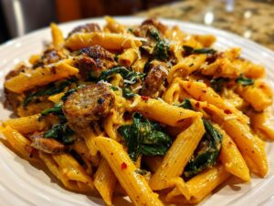 A close-up of creamy chicken sausage pasta featuring penne, browned sausage pieces, wilted spinach, and grated cheese.
