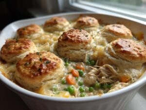 Close-up of a bubbling 1-Pot Chicken Pot topped with golden brown biscuits and melted cheese.