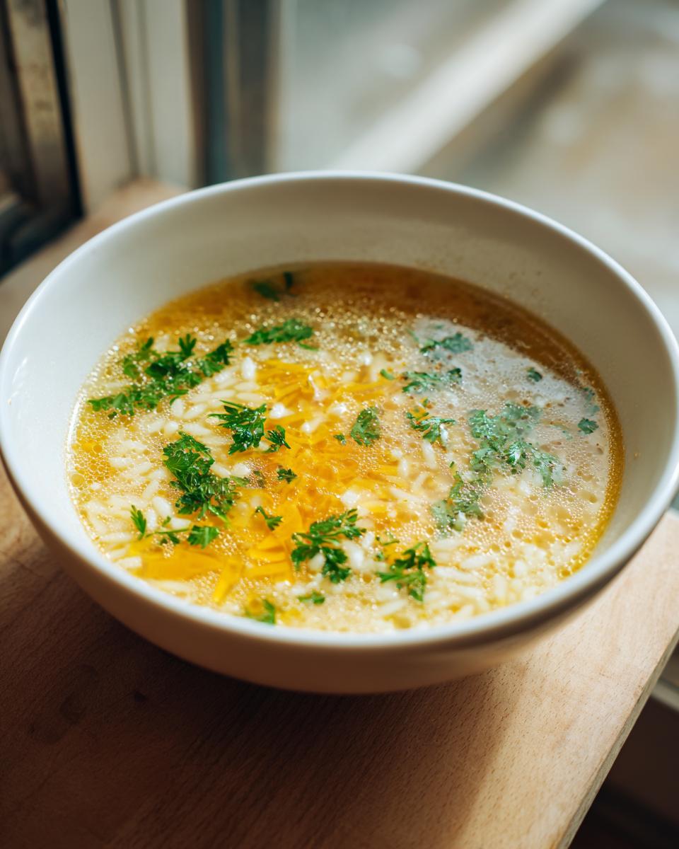 Close-up of a white bowl filled with warm pastina soup, topped with shredded cheese and fresh parsley.