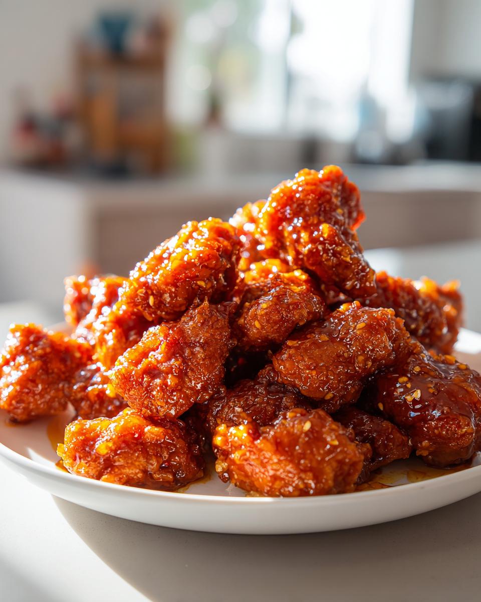 A close-up of crispy, glazed pieces of orange chicken recipe piled high on a white plate, glistening under bright light.