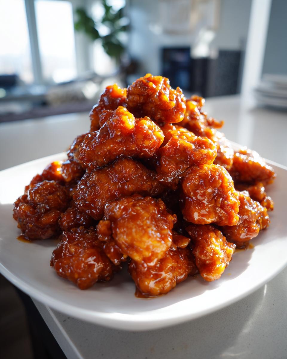 A large mound of crispy, glazed pieces from an orange chicken recipe piled high on a white plate.
